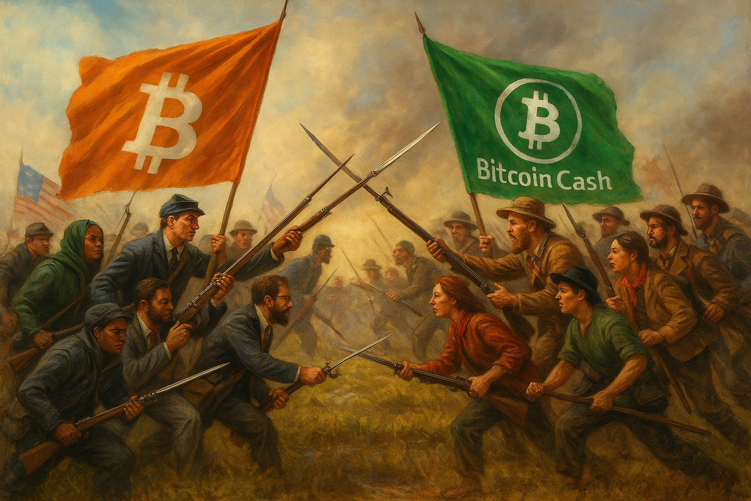 Illustration of Bitcoin and Bitcoin Cash supporters facing off under opposing flags.
