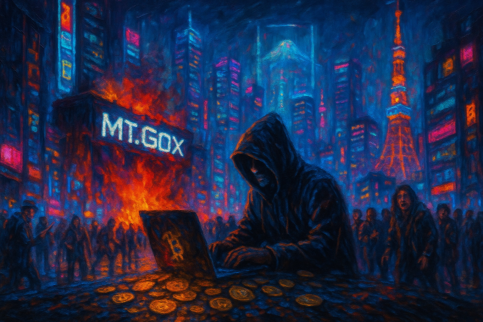 Illustration of the Mt. Gox exchange burning as a hooded figure kneels among scattered bitcoin.
