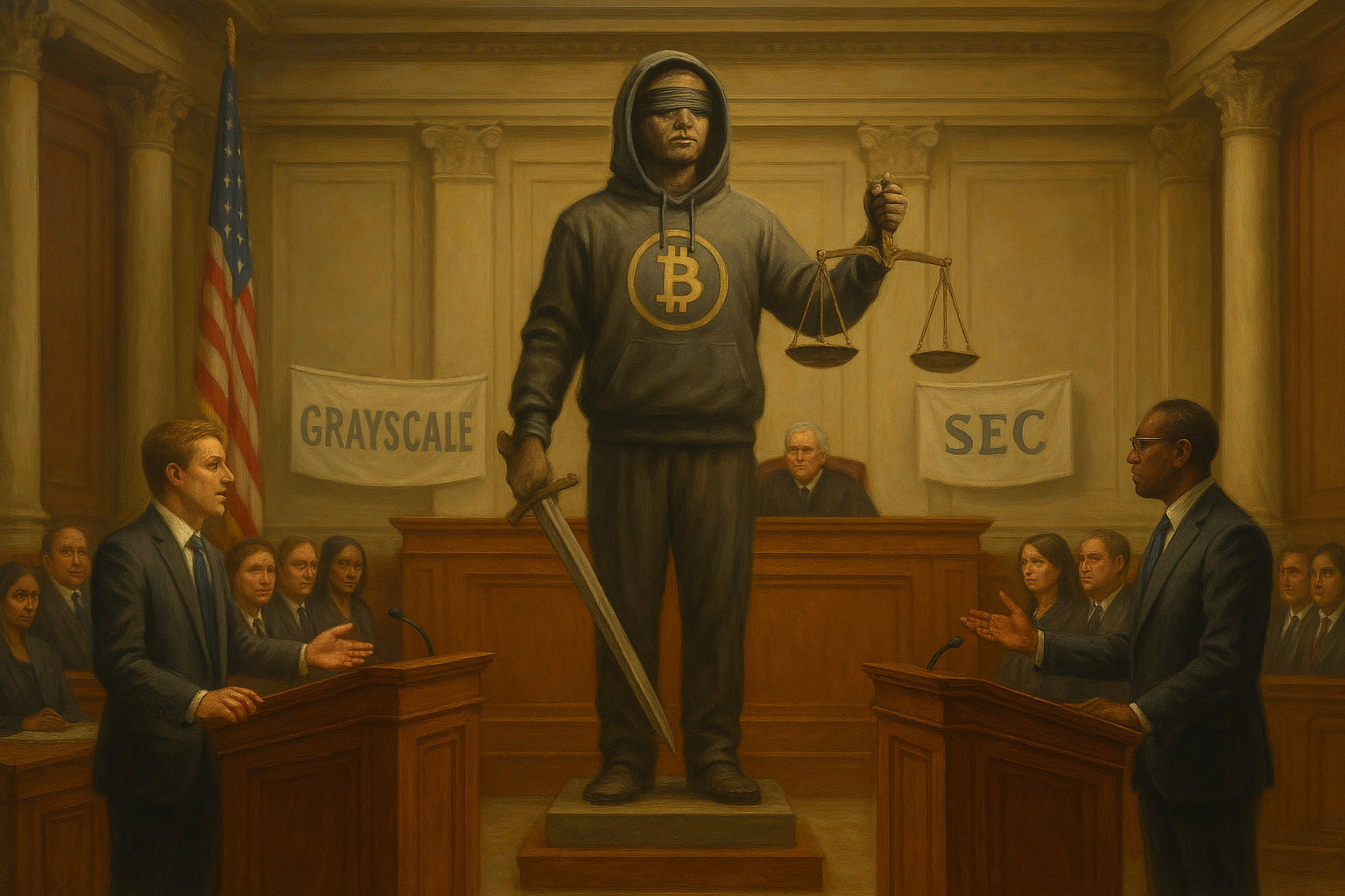 Illustration of a Bitcoin figure holding scales between Grayscale and the SEC in a courtroom.