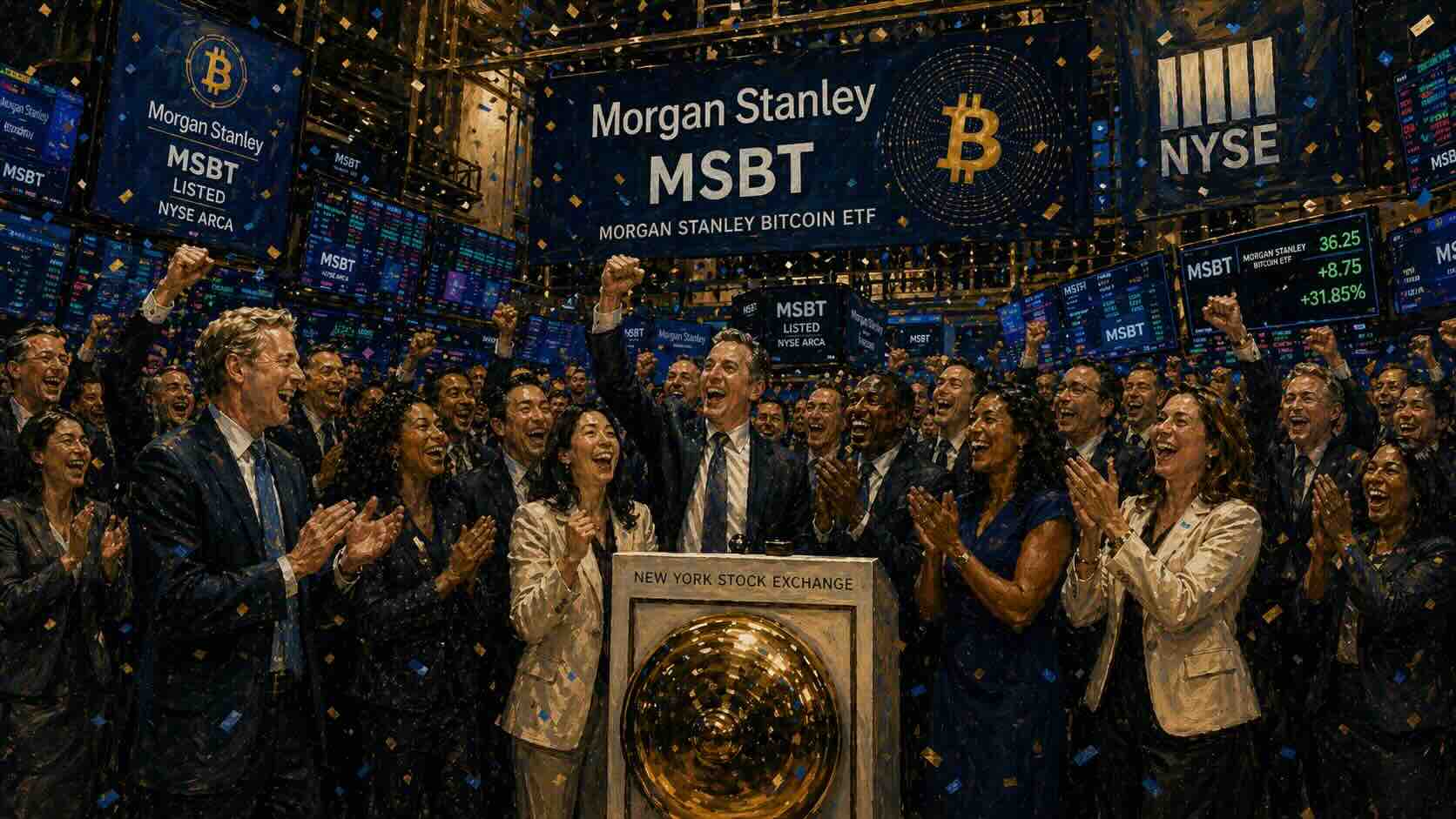Illustration of a Morgan Stanley MSBT Bitcoin ETF listing celebration at the New York Stock Exchange.