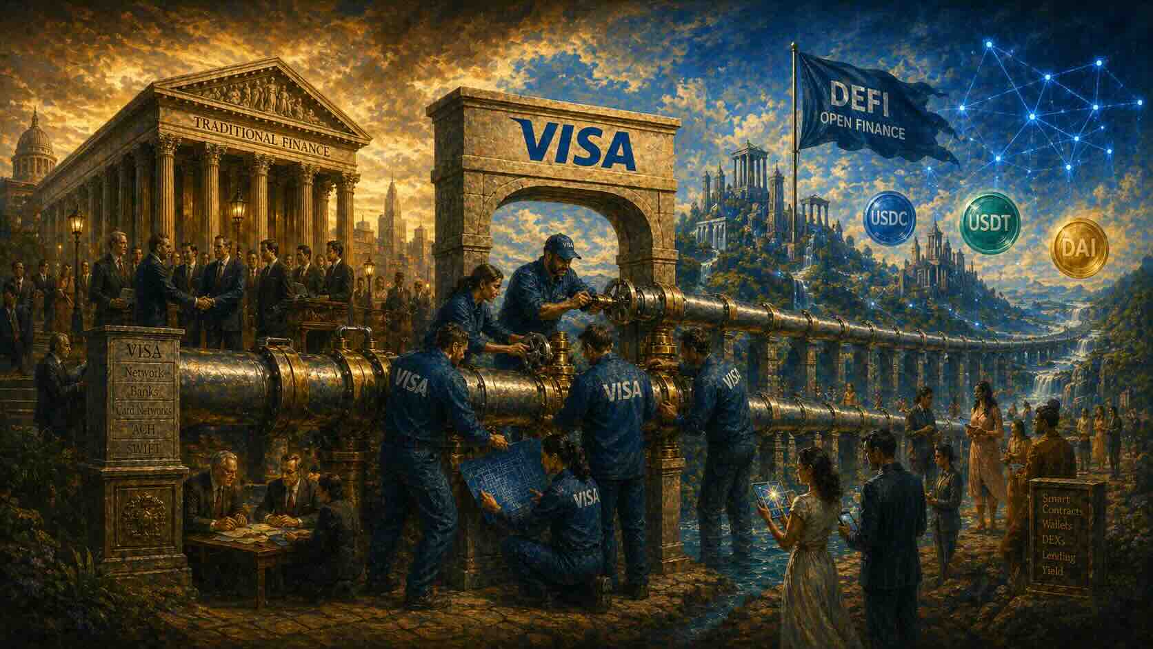 Illustration of Visa piping funds from a traditional bank toward stablecoin and DeFi networks.