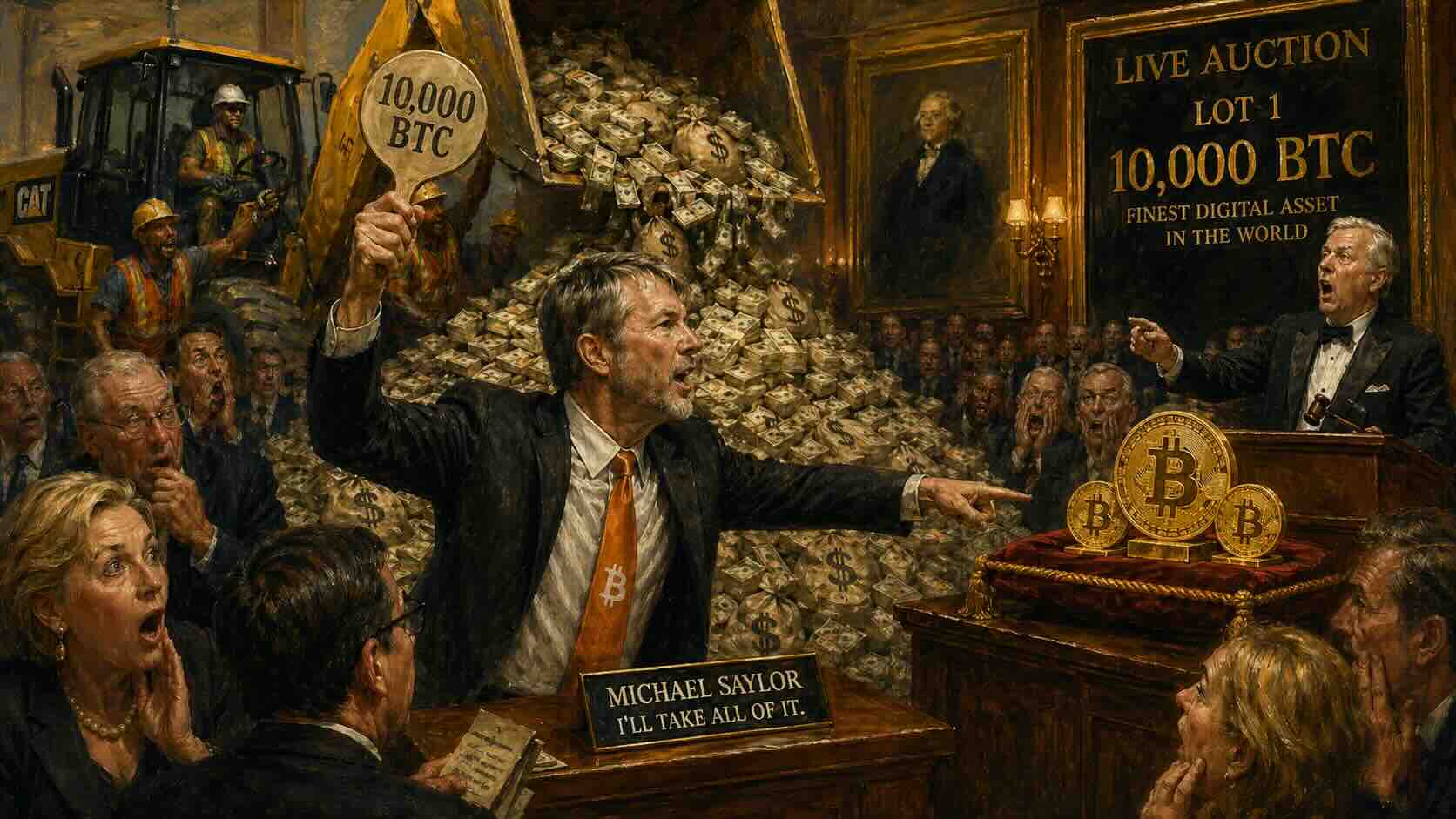 Illustration of Michael Saylor bidding for 10,000 bitcoin at an auction.