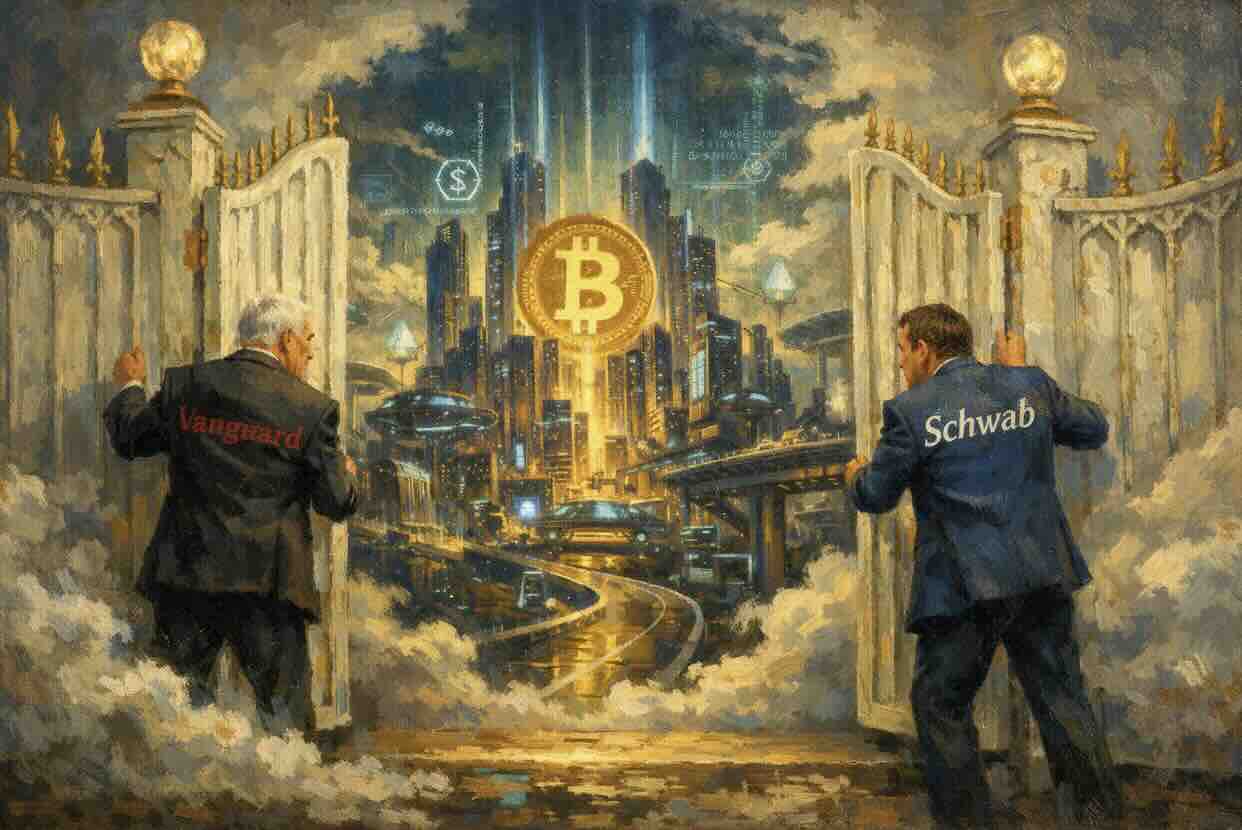 Illustration of Vanguard and Schwab opening gates to a Bitcoin marketplace.