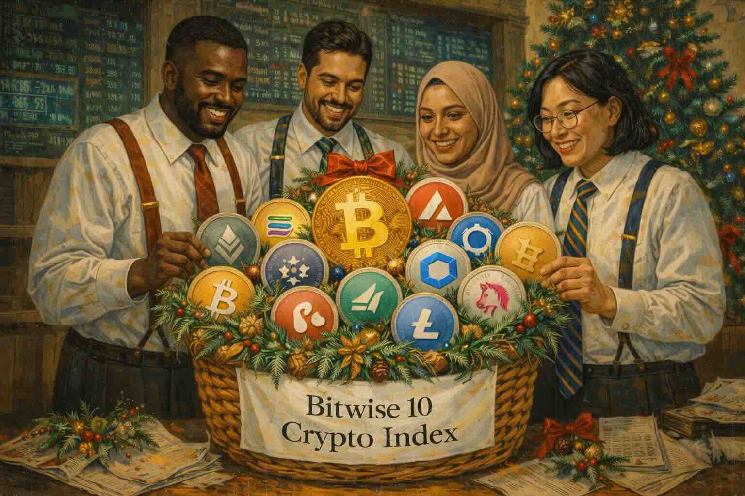 Illustration of investors holding a Bitwise 10 Crypto Index basket filled with cryptocurrency symbols.