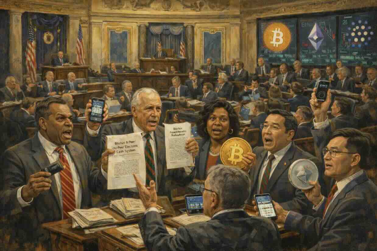 Illustration of a crowded U.S. legislative chamber debating cryptocurrency regulation.