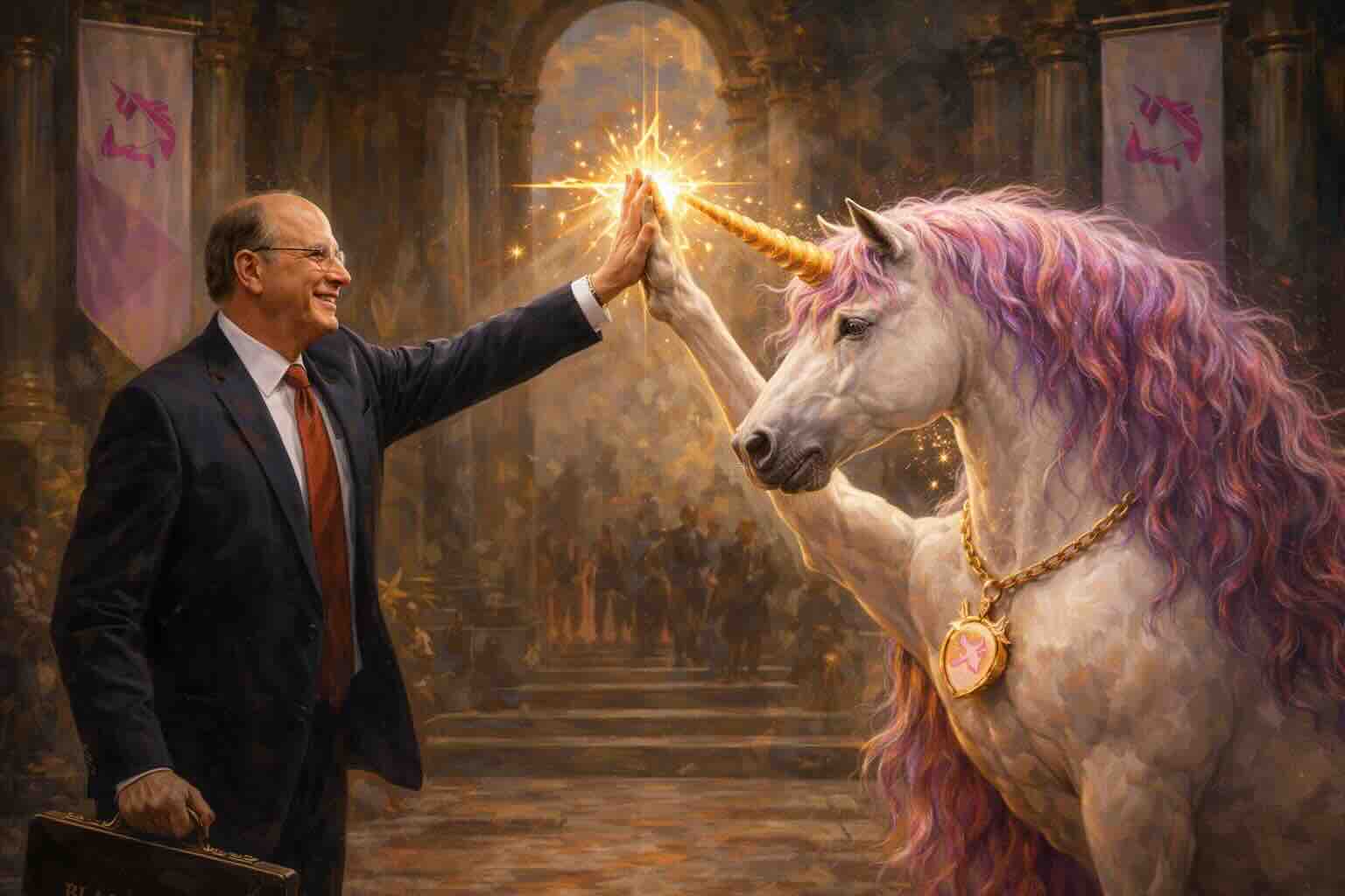 Illustration of a suited finance executive high-fiving a unicorn beneath Uniswap banners.