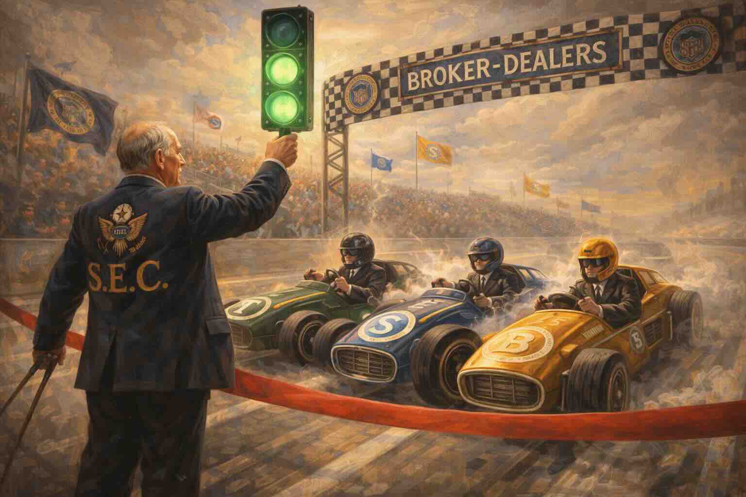Illustration of an SEC official giving broker-dealers a green light as stablecoin-branded race cars compete.