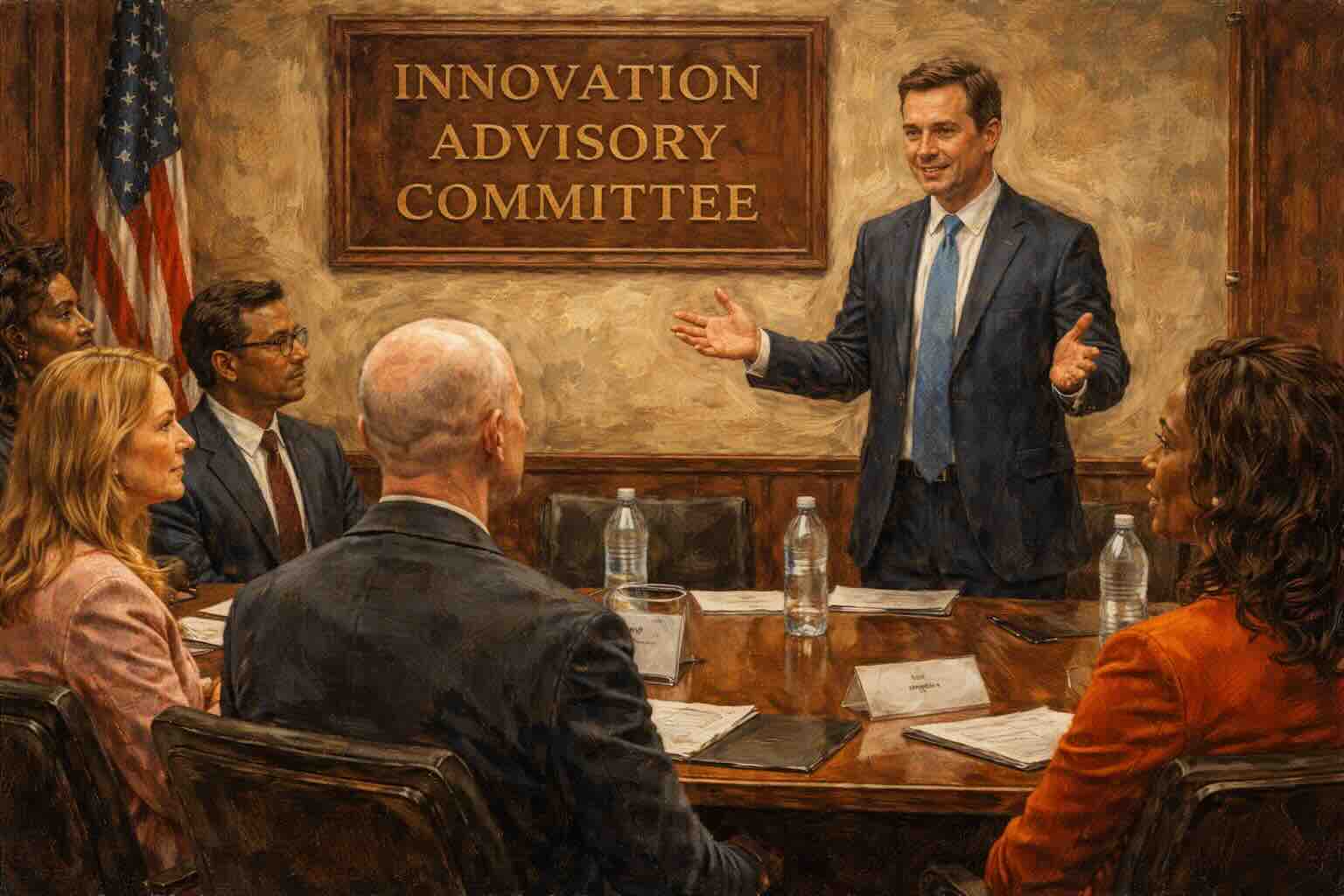 Illustration of the CFTC Innovation Advisory Committee meeting around a conference table.