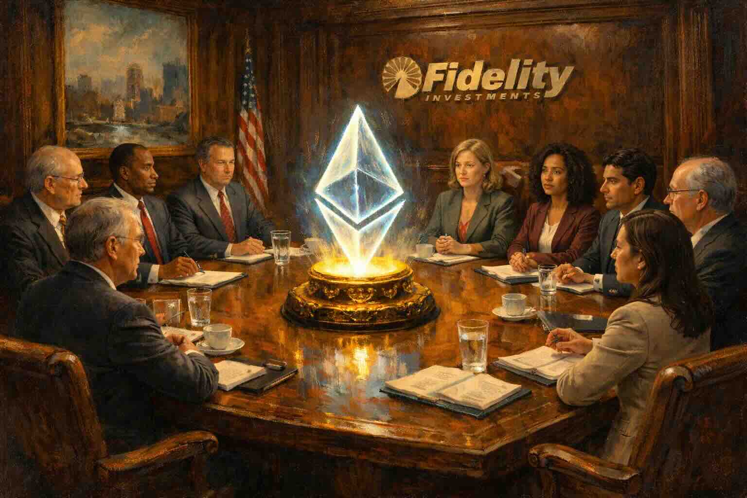 Illustration of Fidelity executives gathered around a glowing Ethereum symbol in a boardroom.