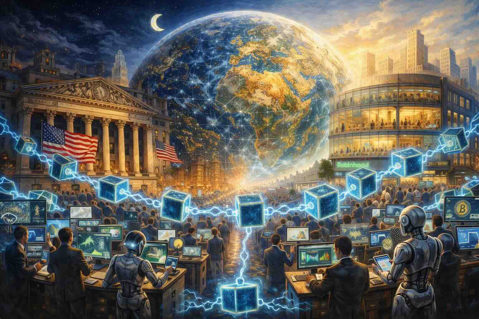 Illustration of around-the-clock global tokenized trading connecting the NYSE and Robinhood.