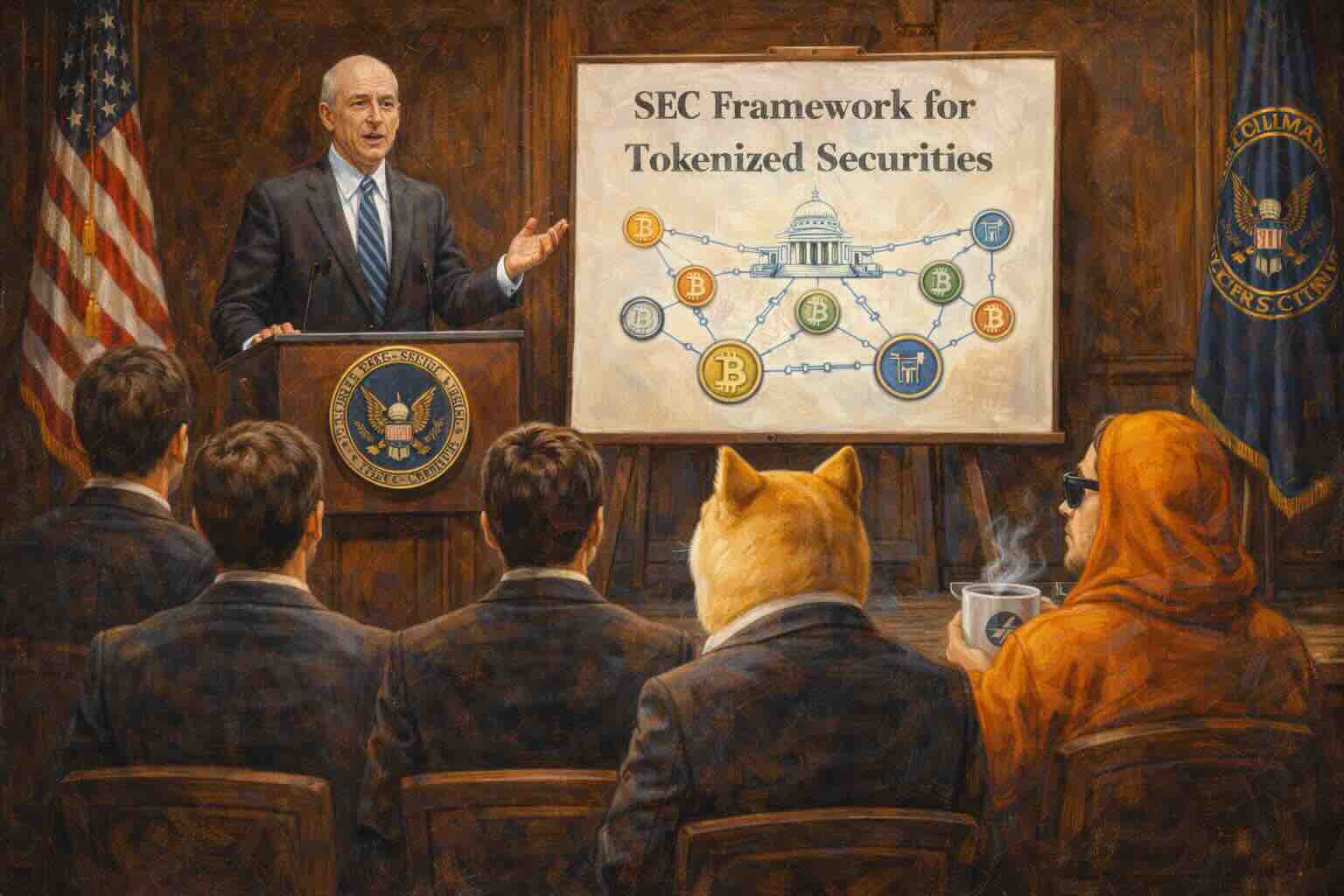 Illustration of an SEC official presenting a framework for tokenized securities.