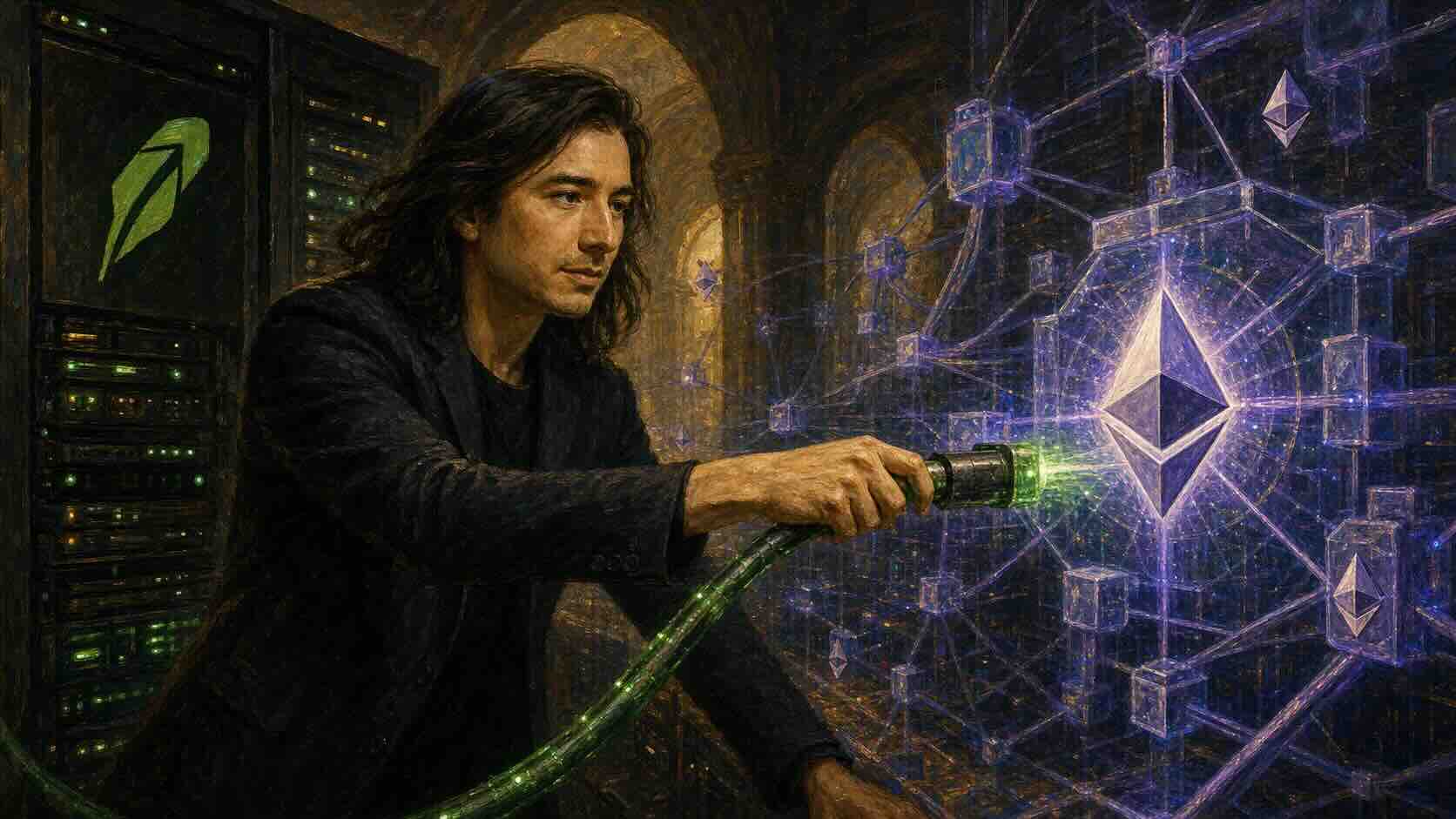 Illustration of a cable linking Robinhood systems to an Ethereum network.