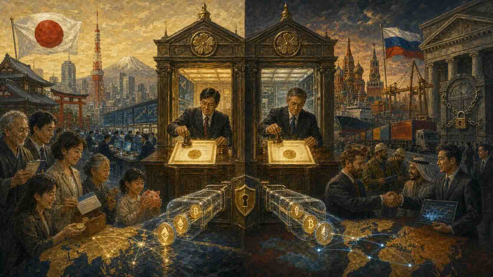 Illustration contrasting Japanese and Russian officials signing crypto regulations.