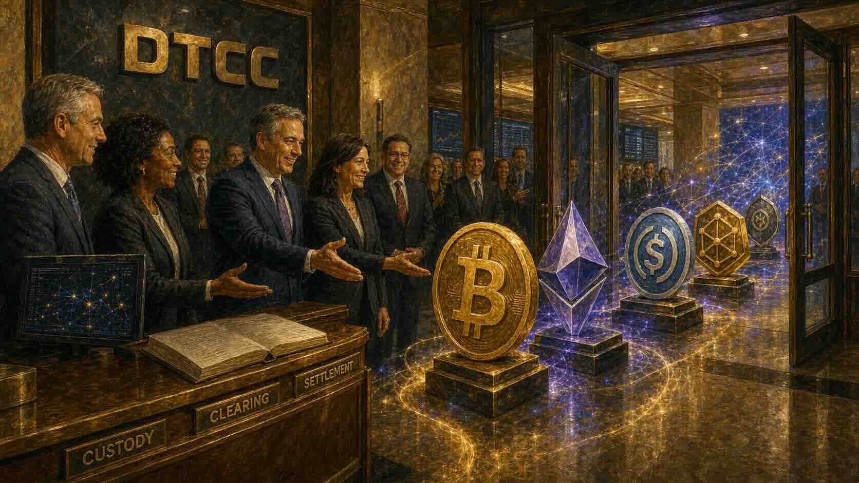 Illustration of DTCC officials presenting tokenized assets between custody, clearing, and settlement desks.