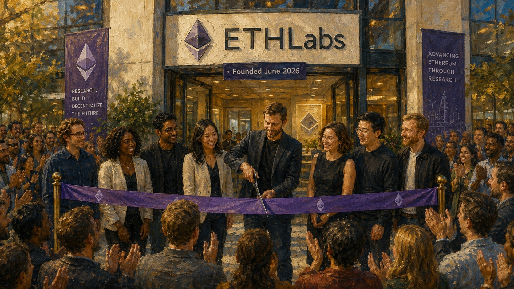 Illustration of an ETHLabs ribbon-cutting outside an Ethereum research center.