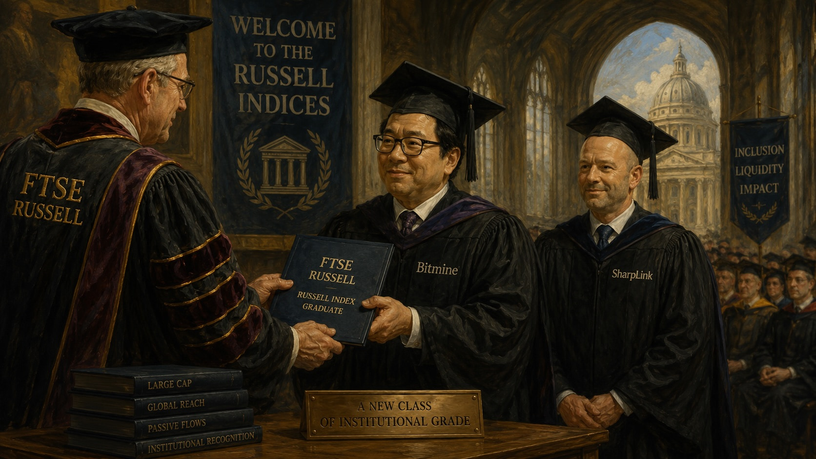 Illustration of Russell index inclusion as a graduation ceremony for BitMine and SharpLink.