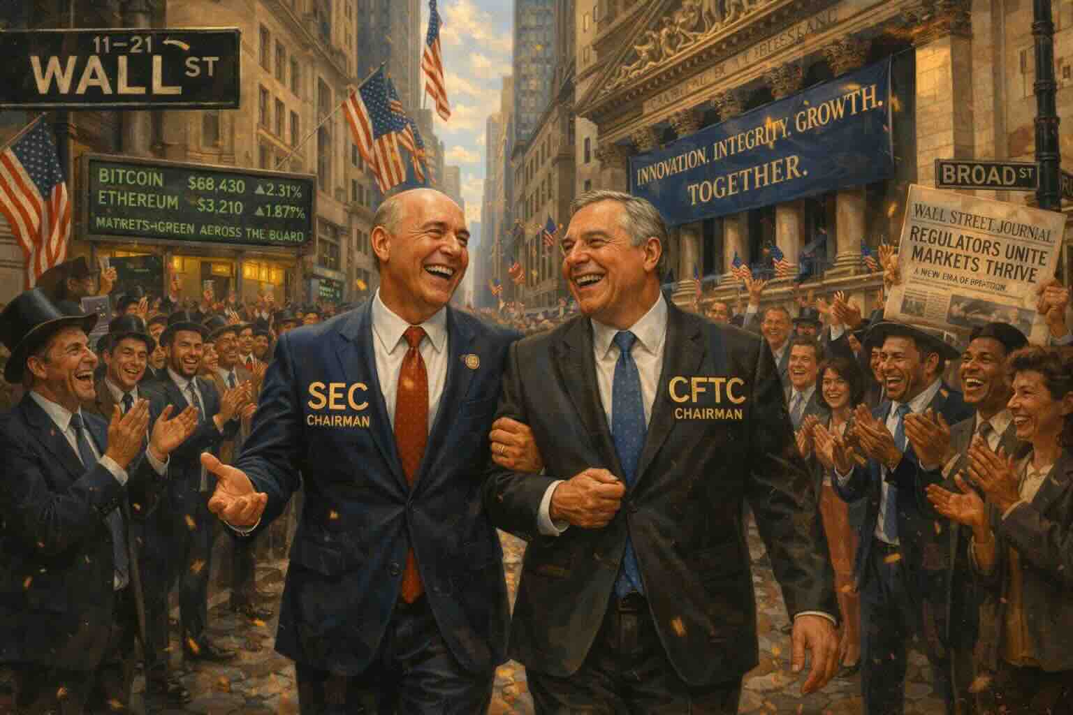 Illustration of SEC and CFTC officials walking together on Wall Street.