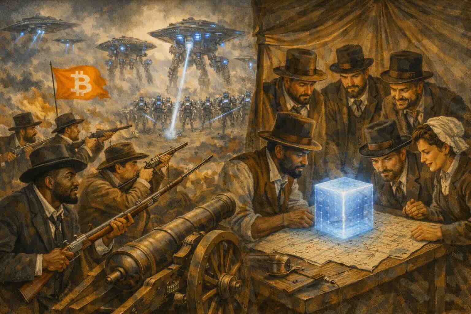 Illustration of Bitcoin defenders confronting a glowing quantum-computing cube.