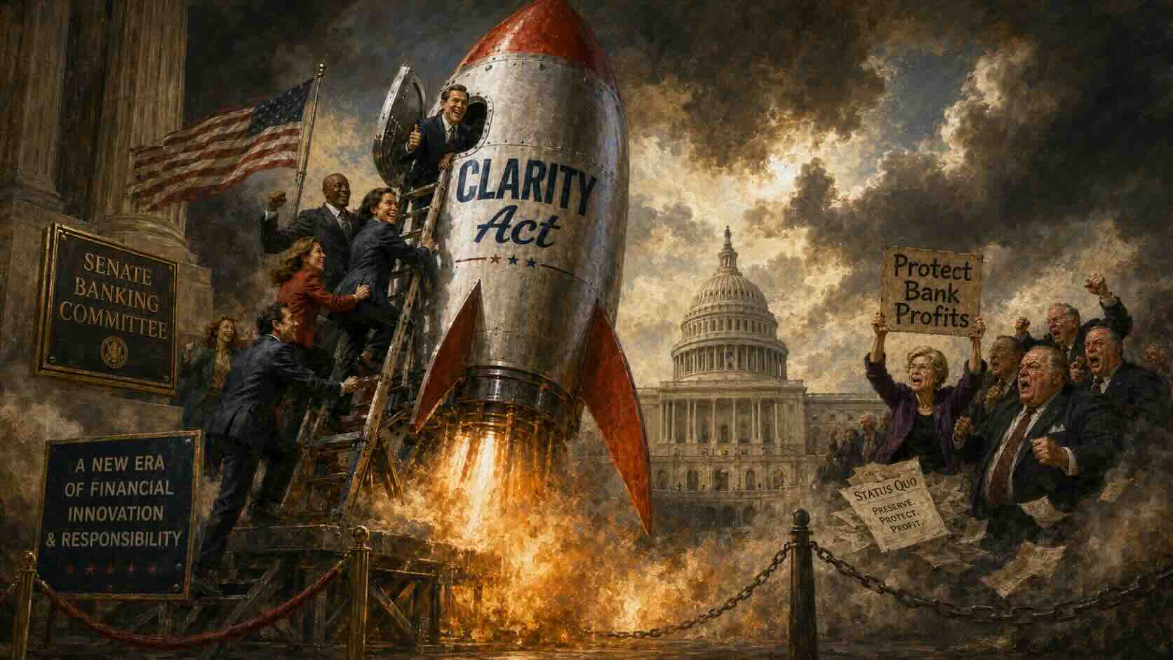 Illustration of the CLARITY Act as a rocket launching beside the U.S. Capitol.