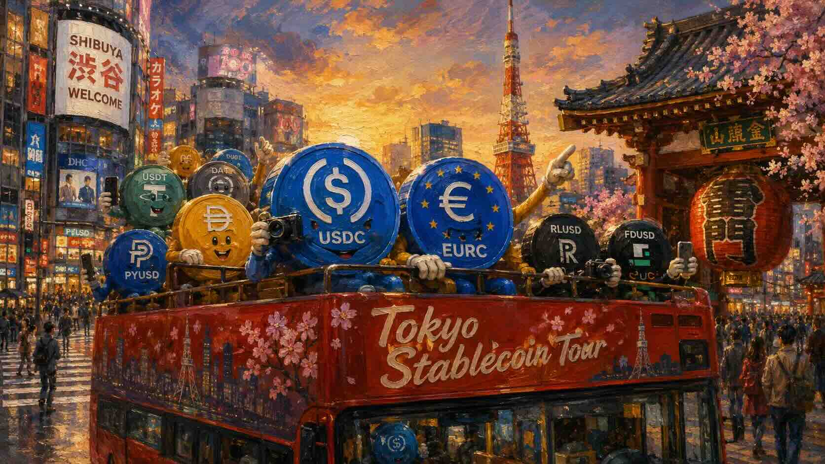 Illustration of a Tokyo tour bus carrying dollar- and euro-backed stablecoin symbols.