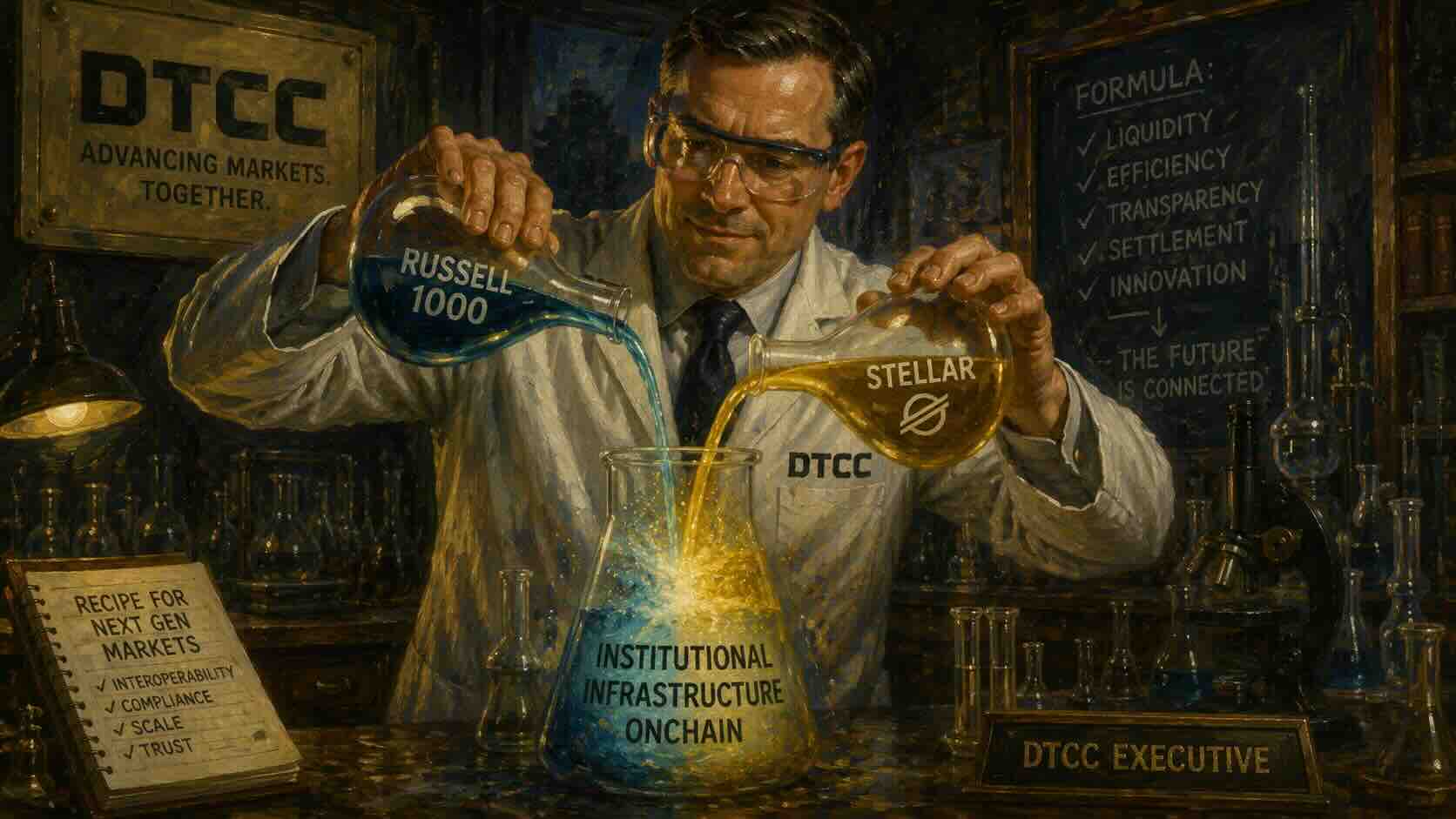 Illustration of a DTCC scientist combining Russell 1000 and Stellar symbols into institutional infrastructure onchain.