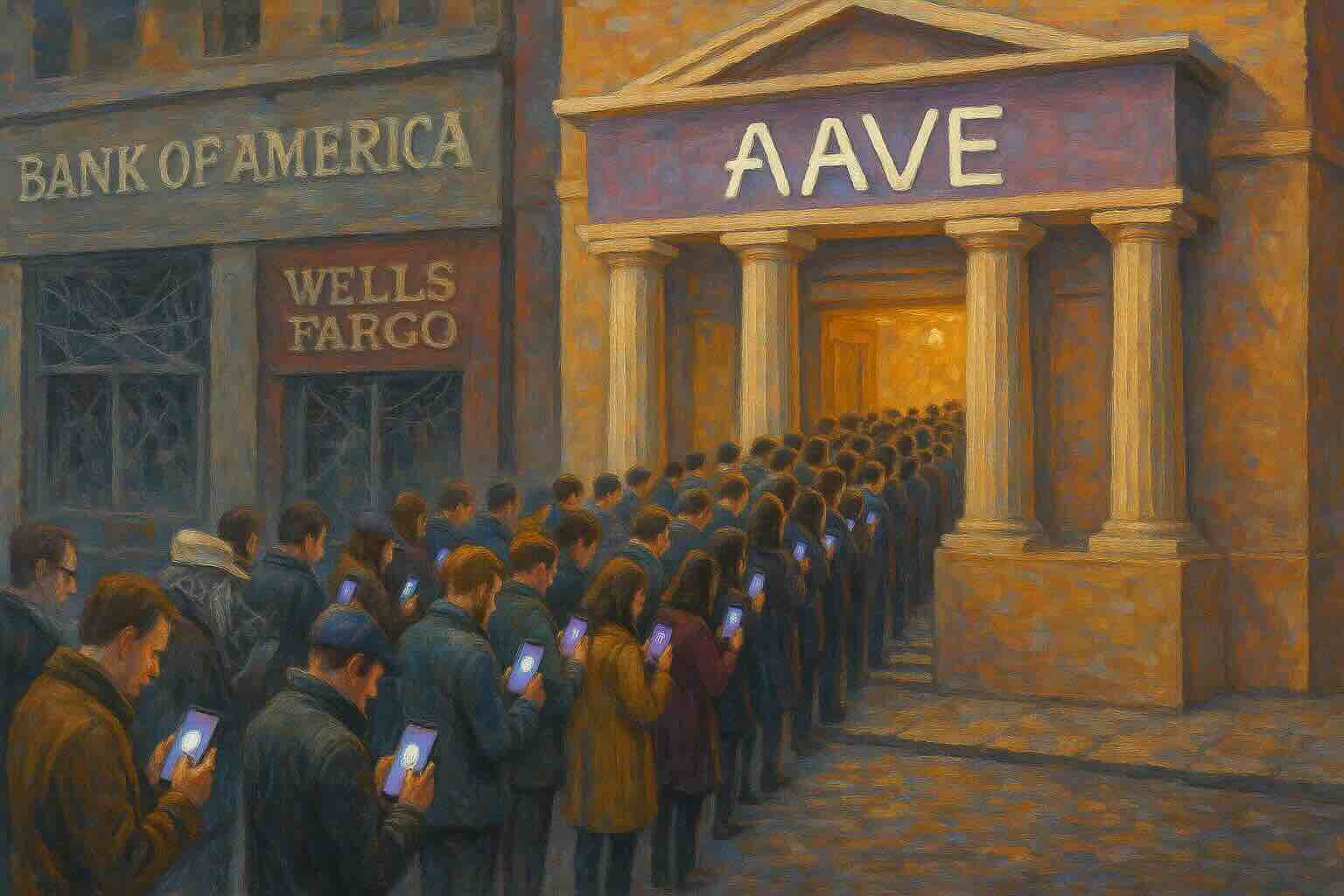 Illustration of people moving from traditional bank buildings toward Aave.