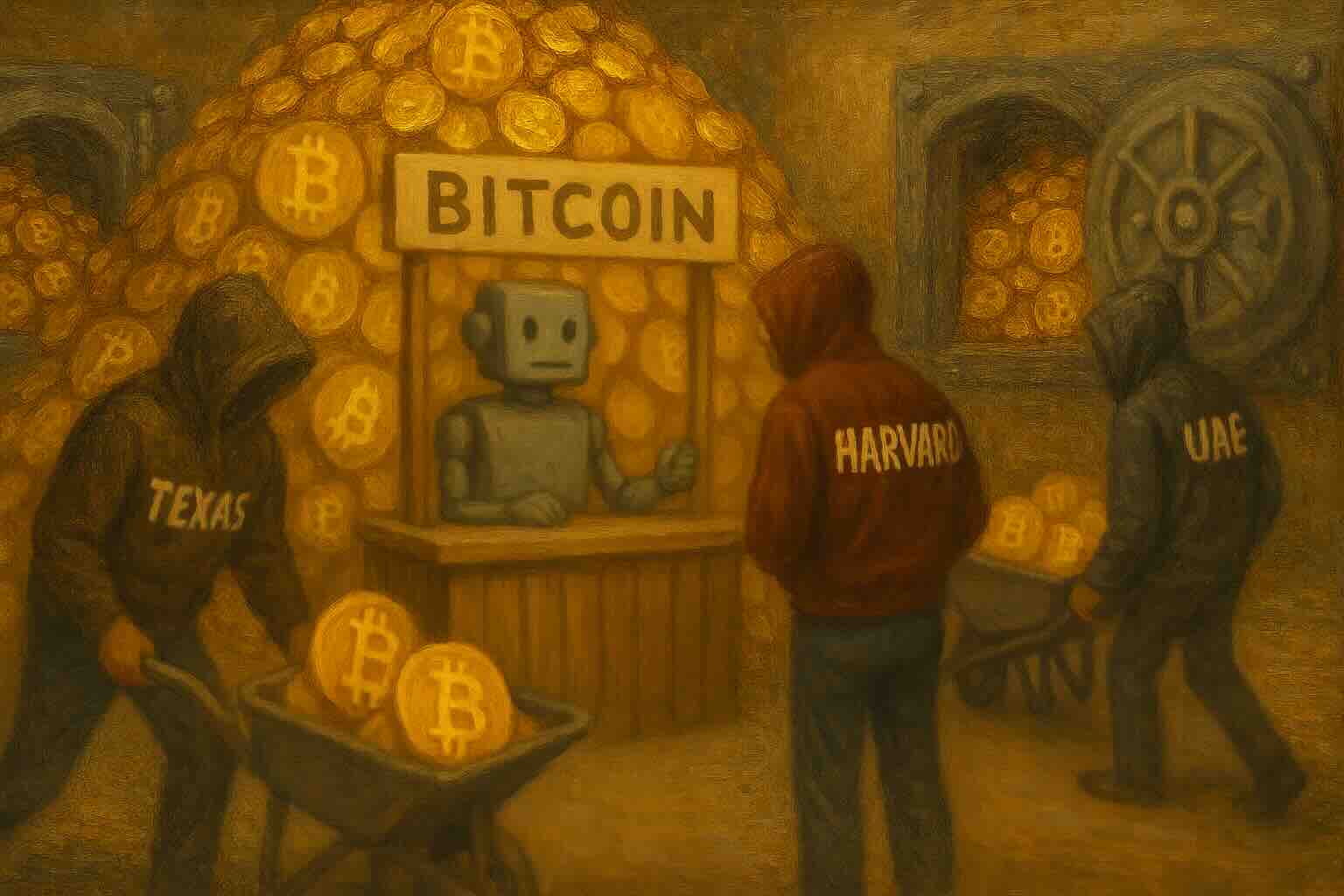 Illustration of Texas, Harvard, and the UAE carrying bitcoin toward a Bitcoin reserve.