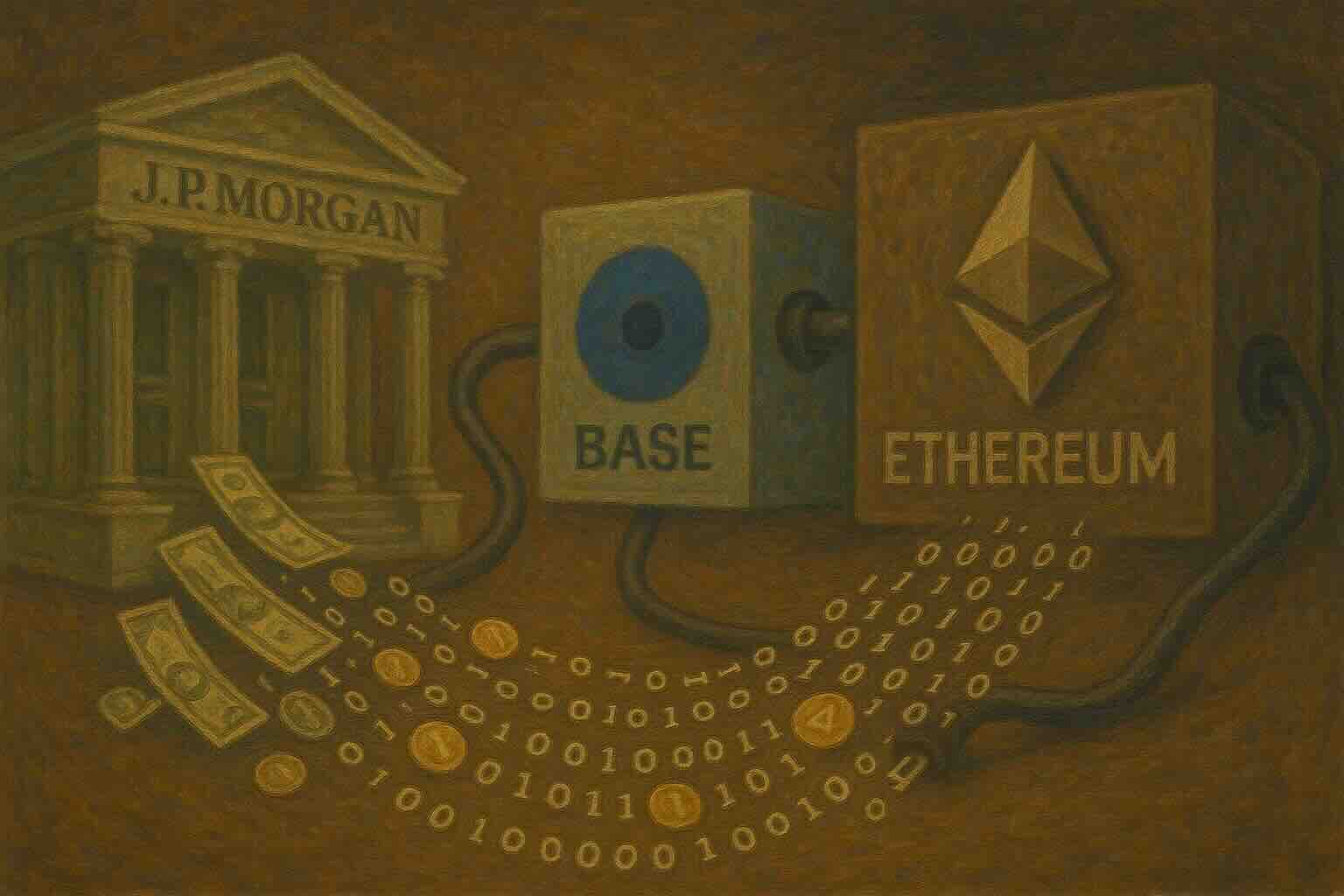 Illustration of dollars flowing from JPMorgan through Base to Ethereum.