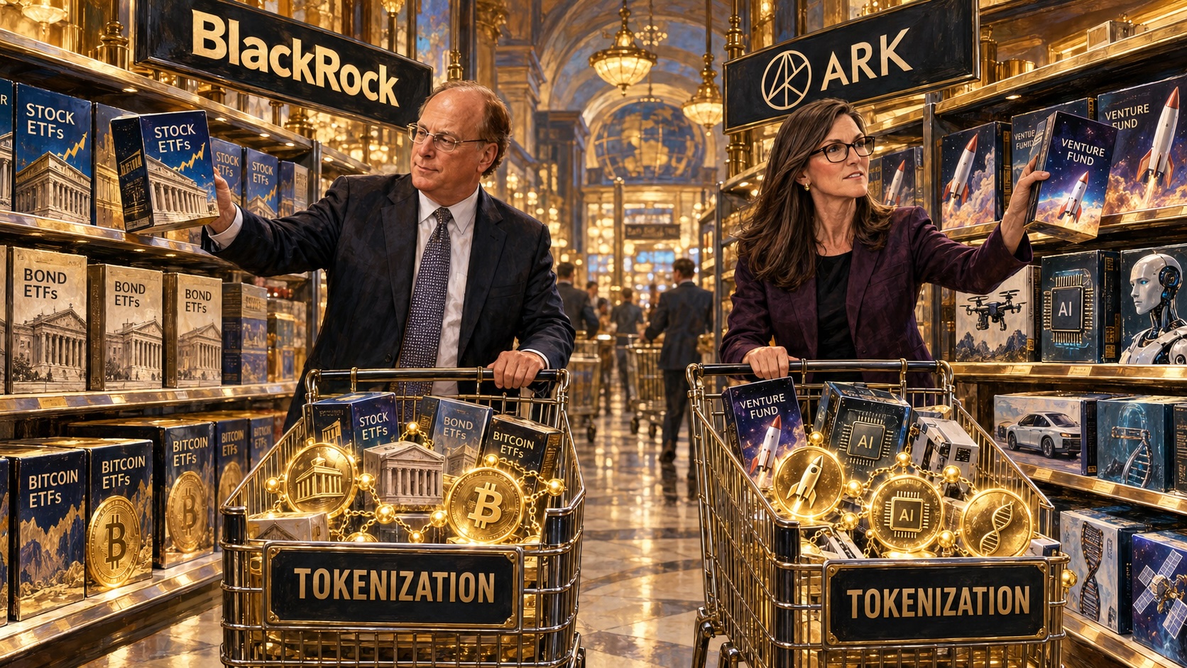 Oil-style illustration of Larry Fink and Cathie Wood filling tokenization carts with financial products in BlackRock and ARK aisles.