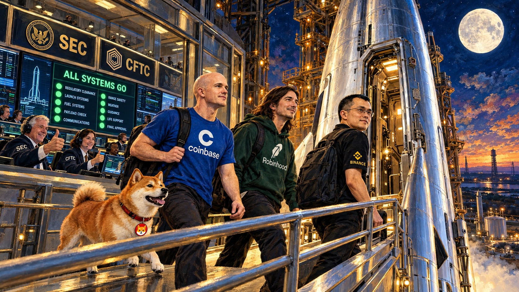 Oil-style illustration of crypto executives and a Shiba Inu boarding a rocket while SEC and CFTC mission control displays all systems go.