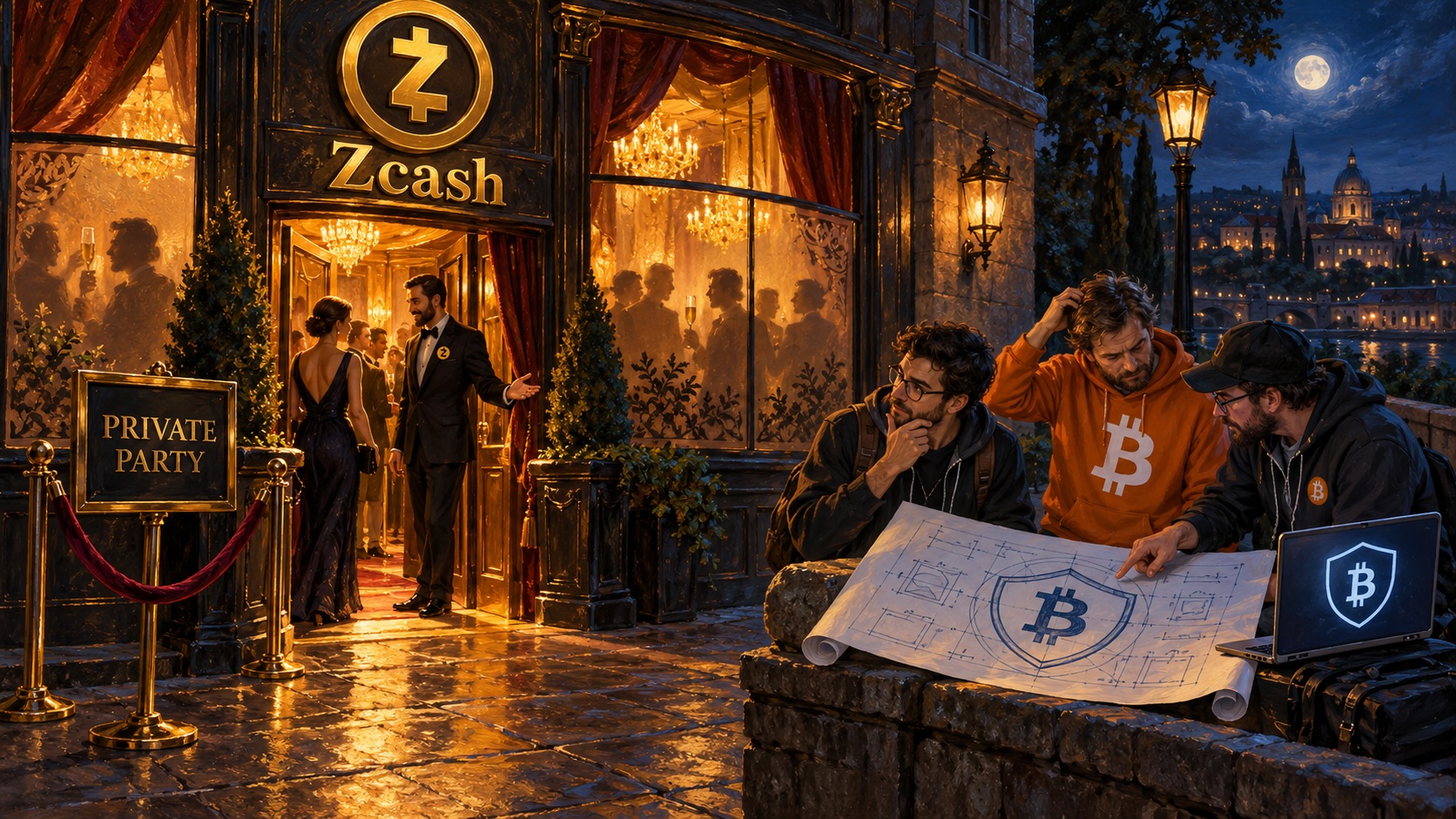 Oil-style illustration of a private Zcash party with Bitcoin developers studying a privacy design outside.