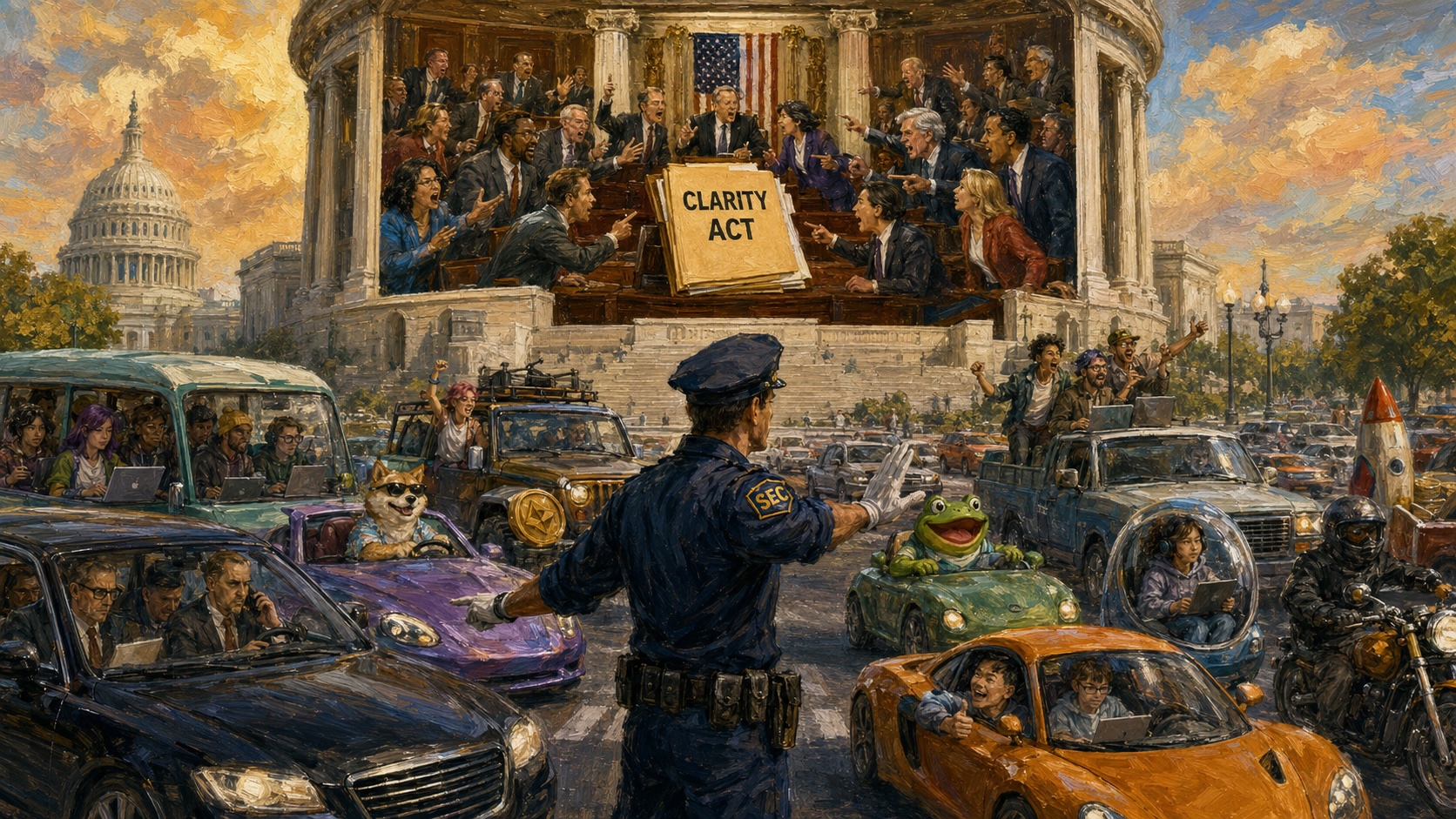Oil-style illustration of lawmakers debating the CLARITY Act while an SEC officer directs crypto-themed traffic.