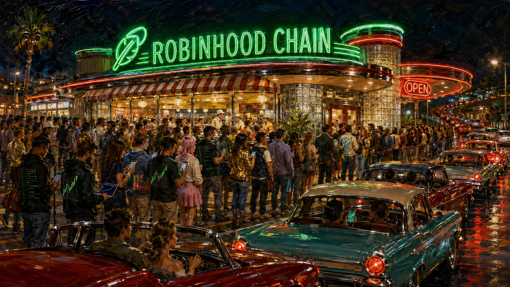 Oil-style illustration of a crowded Robinhood Chain diner with an open sign, a long entrance queue, and a busy drive-through.