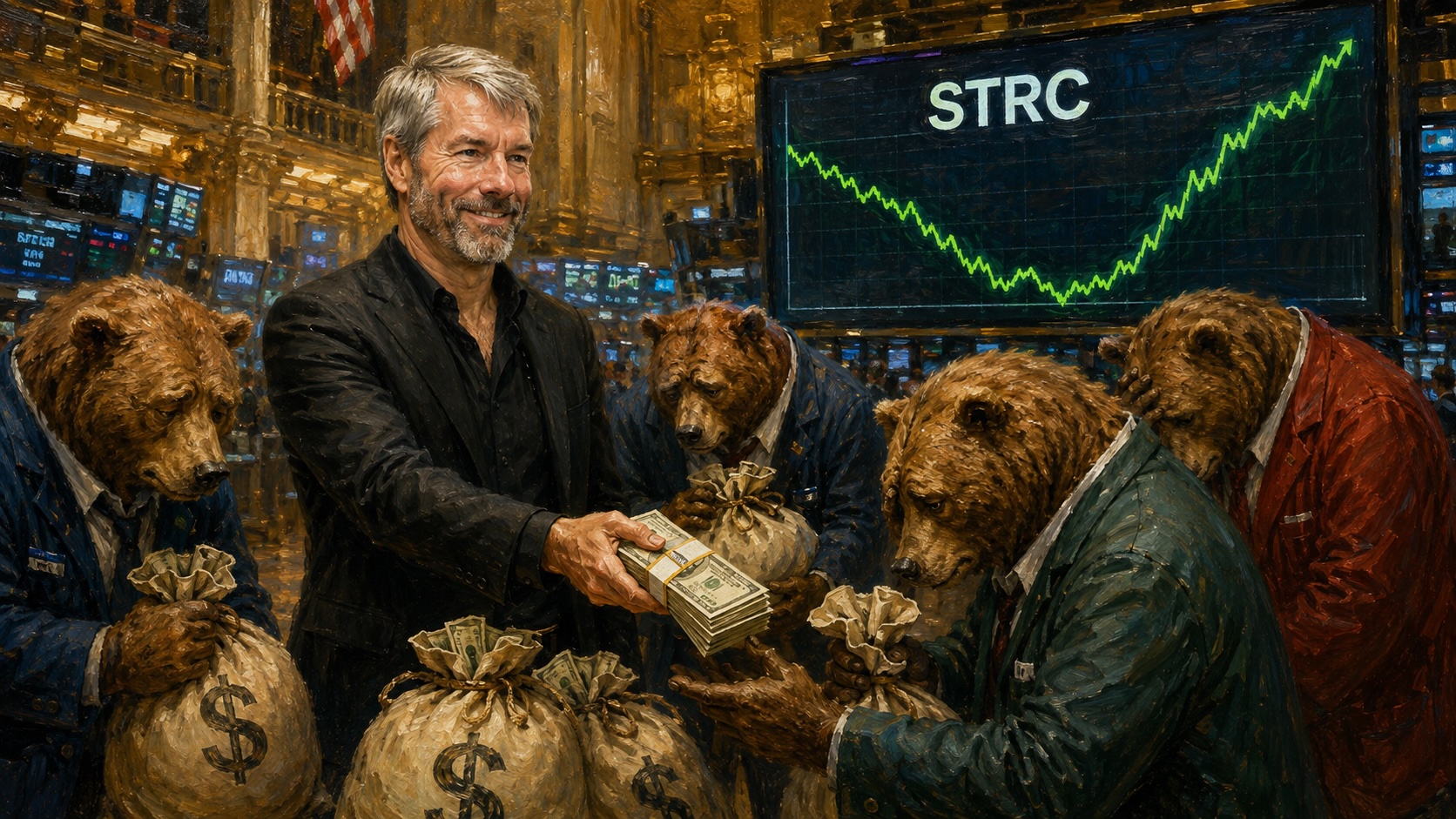 Oil-style illustration of Michael Saylor handing cash to market bears beneath a stylized STRC recovery chart.