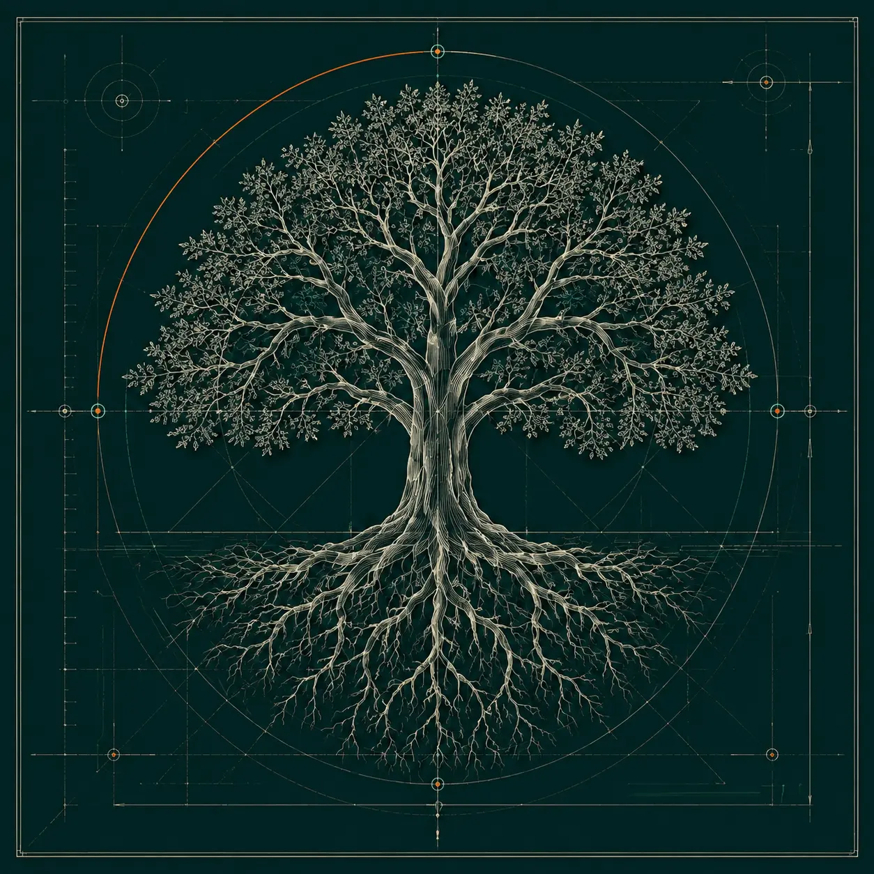 Architectural blueprint of a mature tree and root system with measurement geometry and a copper growth arc