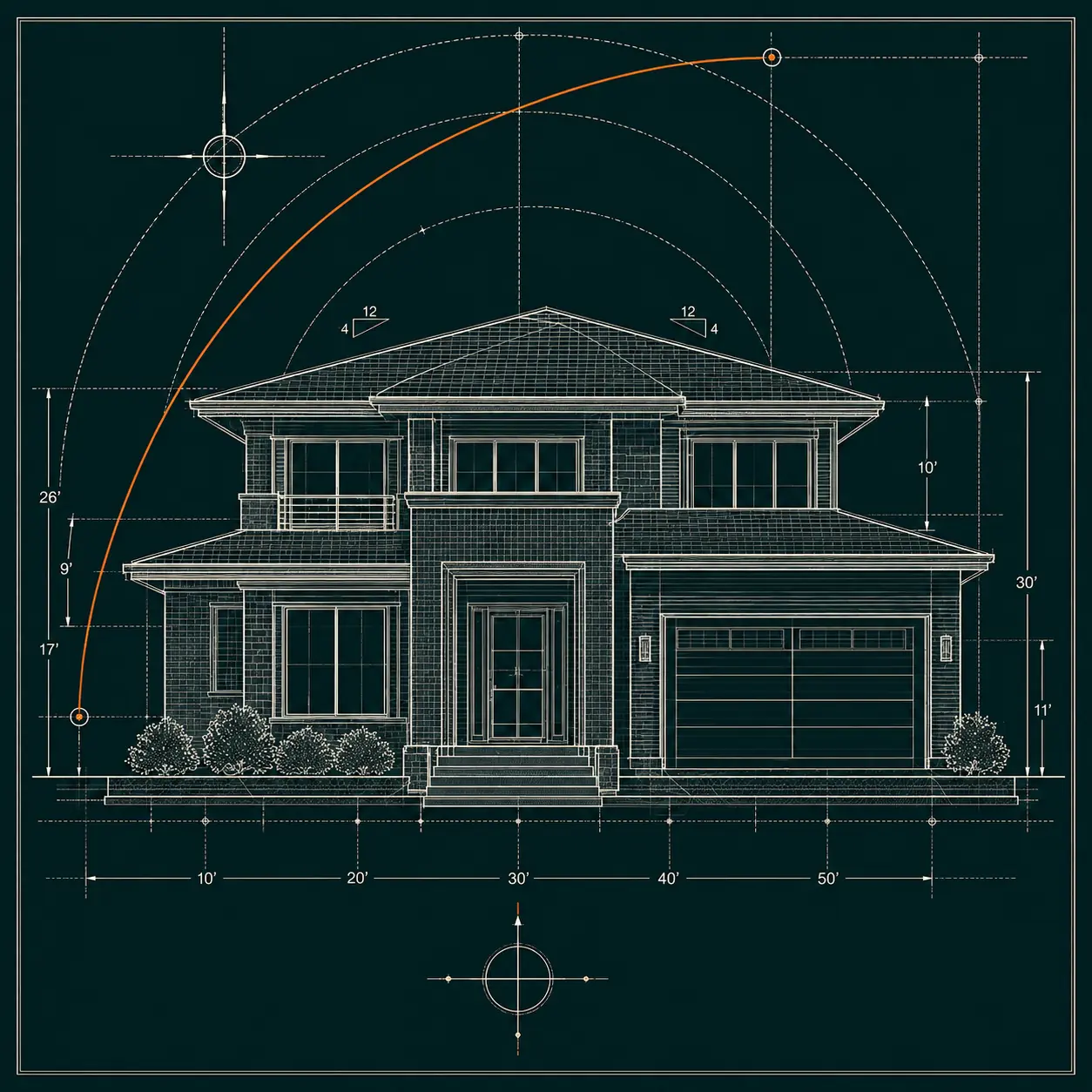 Architectural blueprint of a family home with measurement arcs and a copper planning trajectory