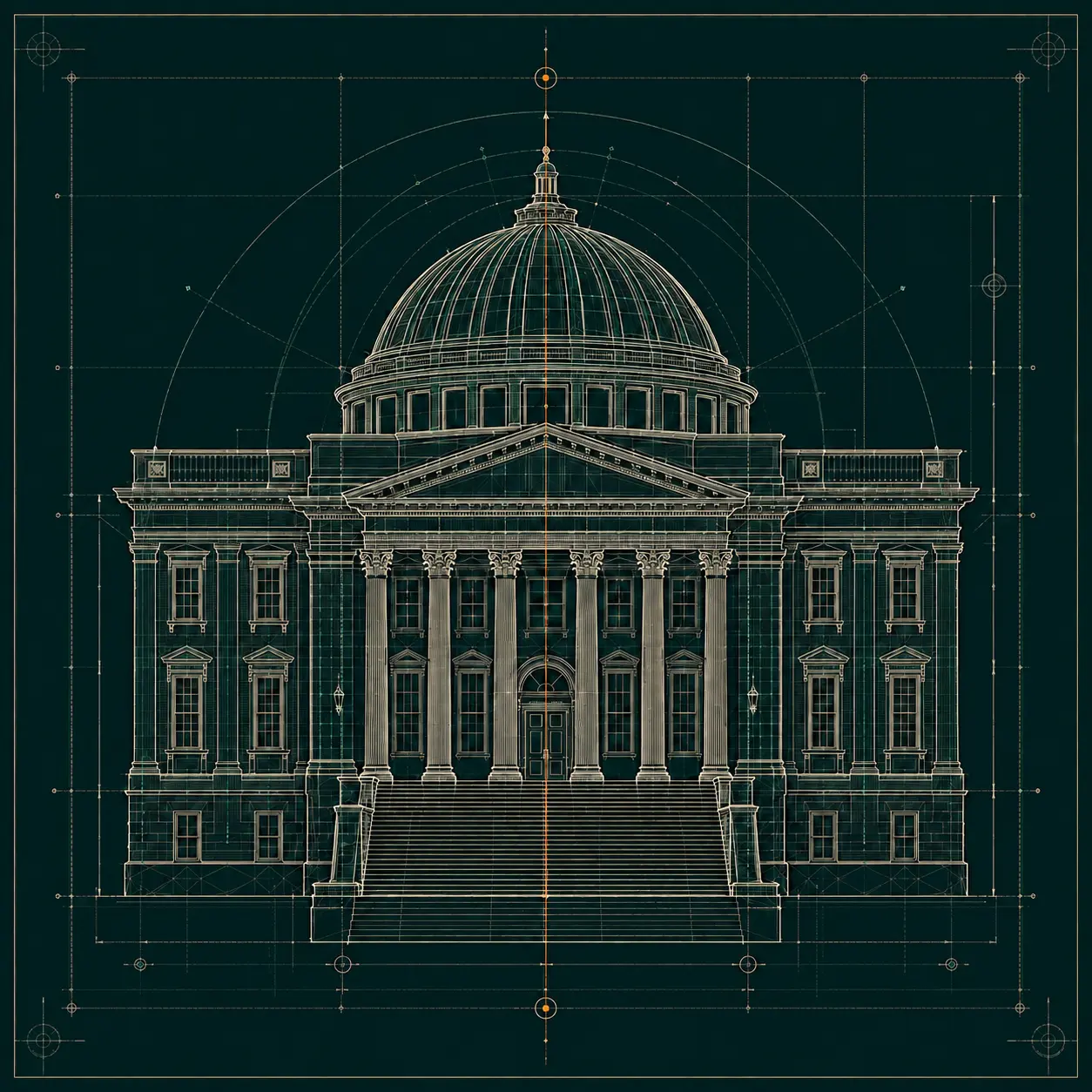 Architectural blueprint of a domed institutional building with geometric measurement lines and a copper entrance axis