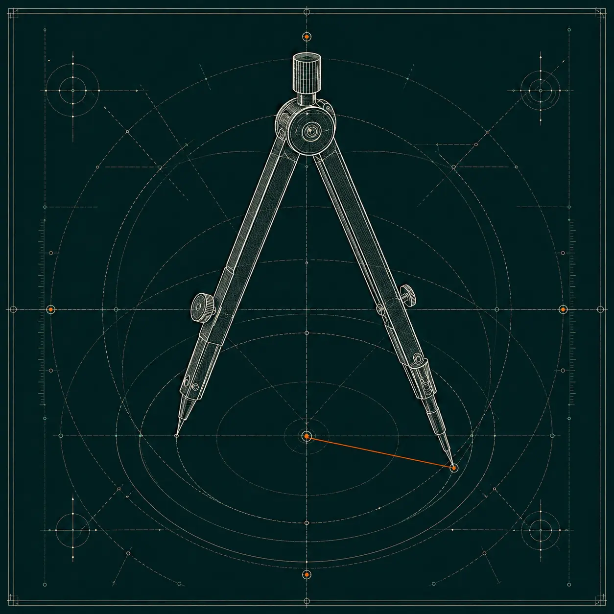 Architectural blueprint of a precision drafting compass over measured circles with a copper radius line
