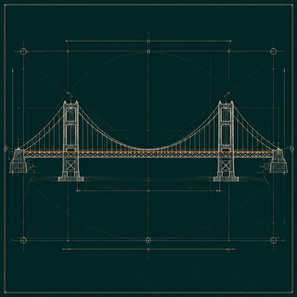 Engineering blueprint of a suspension bridge with structural measurements and a copper span line