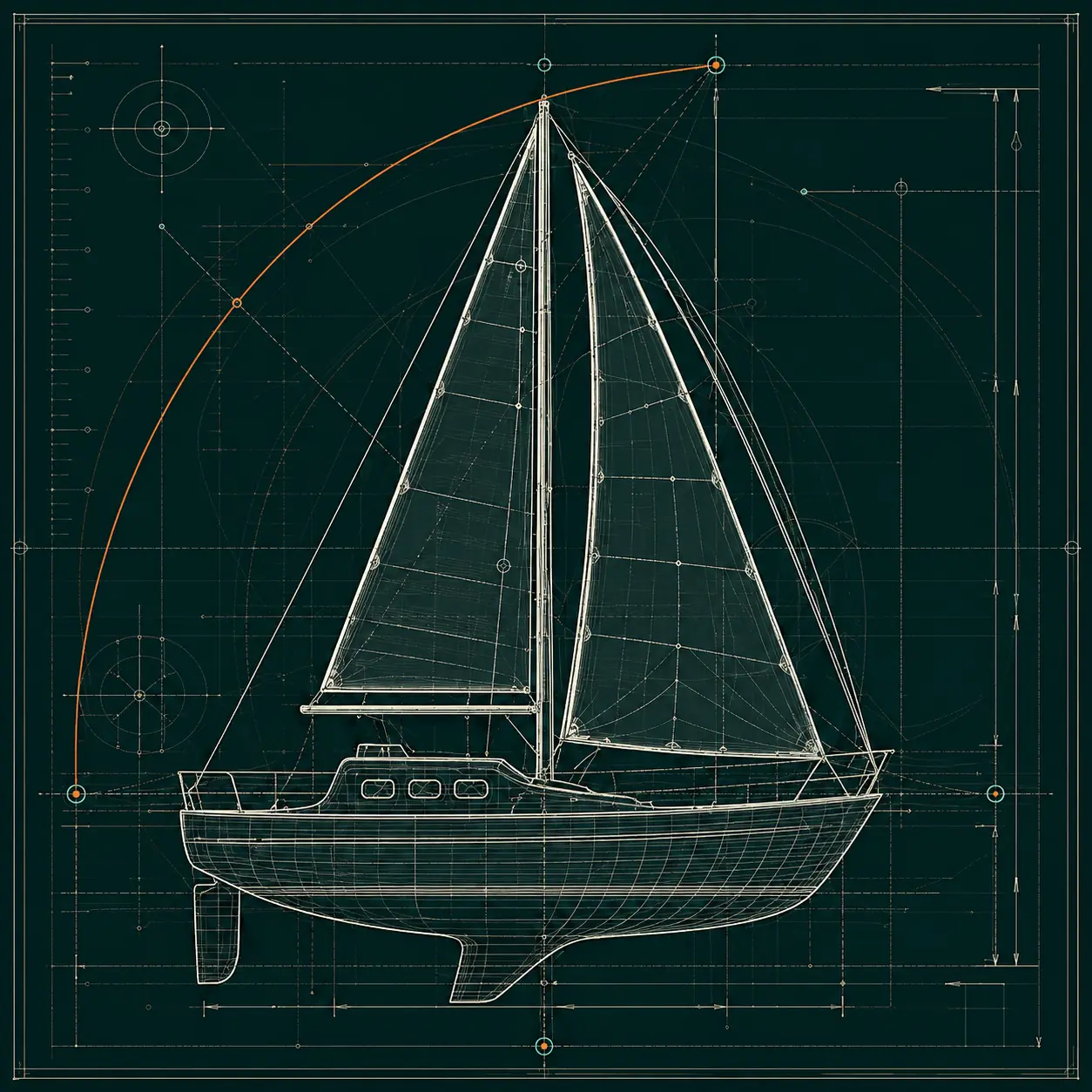 Naval architecture blueprint of a sailboat with measurement geometry and a copper course arc
